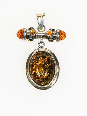 Sterling Silver Pendant with Oval Amber Cabochon & Accent Stones